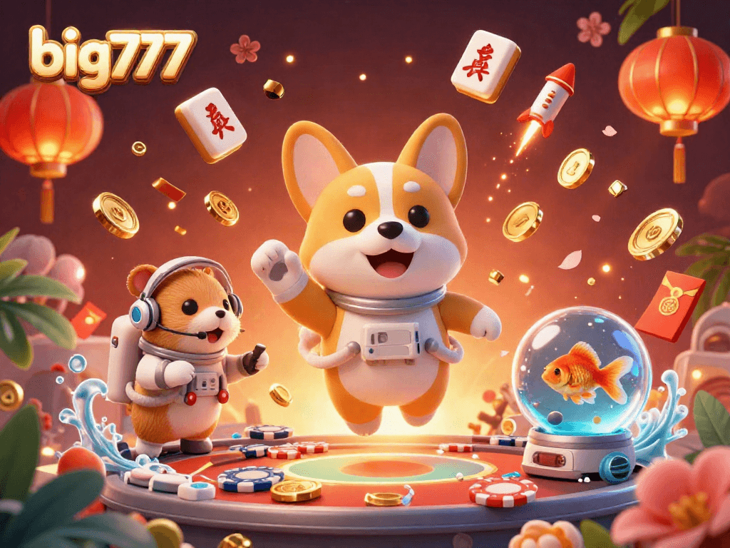 Gambarlah aksi menarik di kasino luar angkasa big777, dengan karakter korgi dan hamster mengawasi permainan.