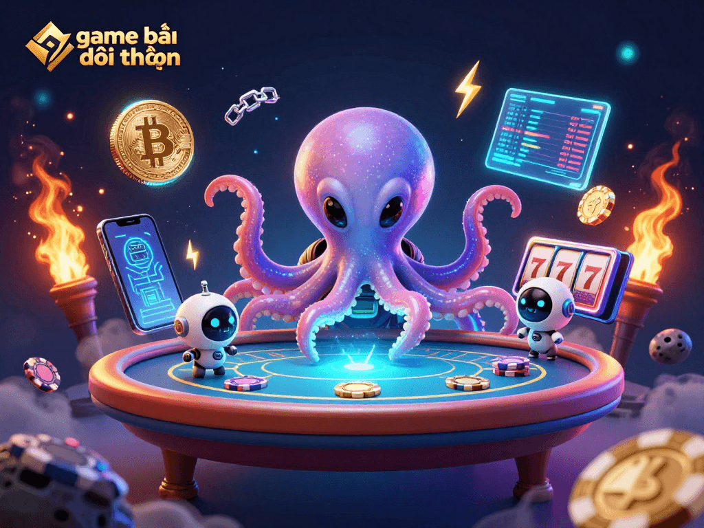 Engage in the game bài đổi thưởng featuring an octopus and robot at a vibrant poker table.