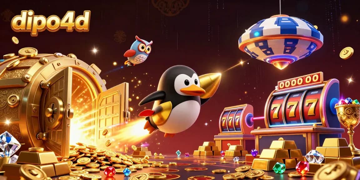 Win with dipo4d as a golden penguin launches towards a jackpot-shaped casino, surrounded by treasures.