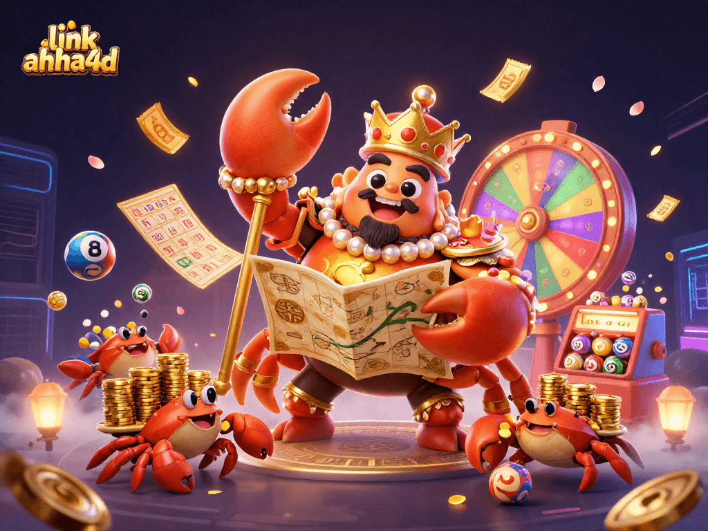 Memenangkan permainan lotere di link ahha4d dengan ilustrasi krustasea megah dan elemen permainan yang berwarna-warni.