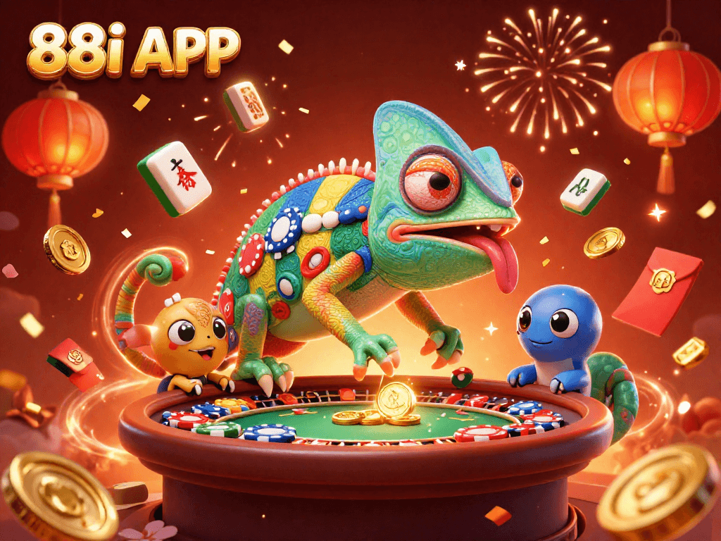 Experience the excitement of 88i APP with a chameleon casino owner amidst festive casino elements.