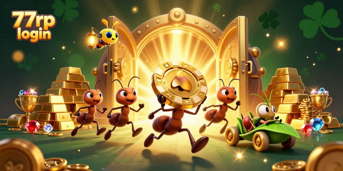 Engage with thrilling 77rp login actions amidst a dynamic casino heist scene featuring ants and treasures.