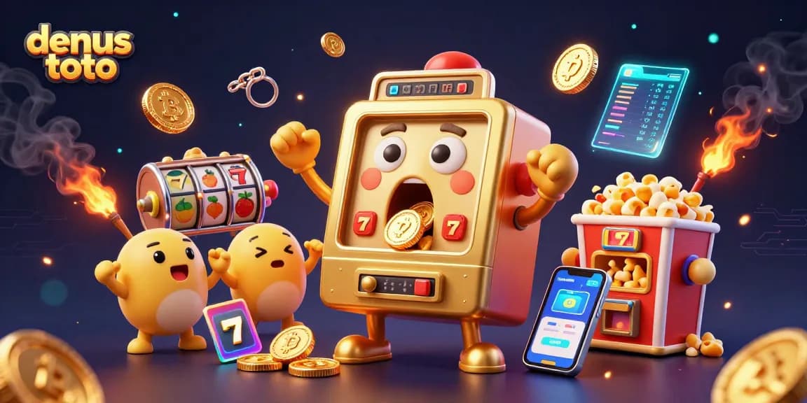 Densus toto menang besar di permainan slot dengan desain mesin emas dan simbol jackpot yang mengagumkan.