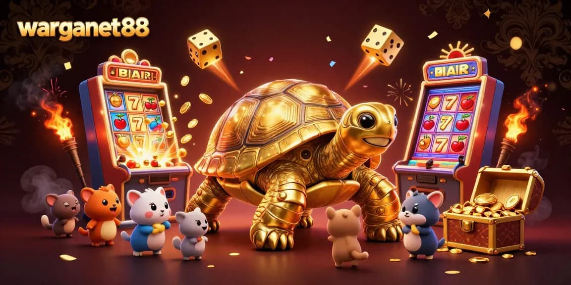 Join the excitement of warganet88 with a vibrant 3D illustration of a golden tortoise and slot machines.