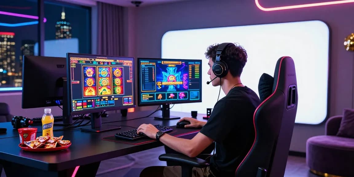Gamer mengakses LUXURY777 Online di ruang bermain modern dengan suasana mewah dan aksesori canggih.