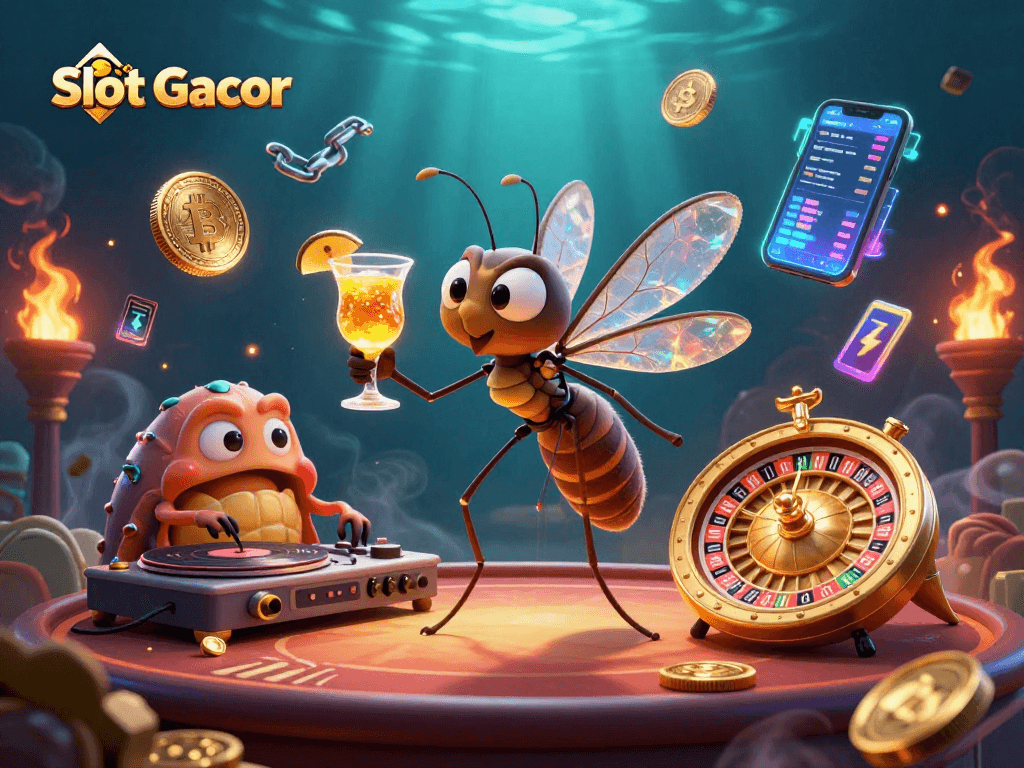 Experience the excitement of Slot Gacor with a vibrant 3D illustration featuring unique underwater characters in a dynamic casino setting.