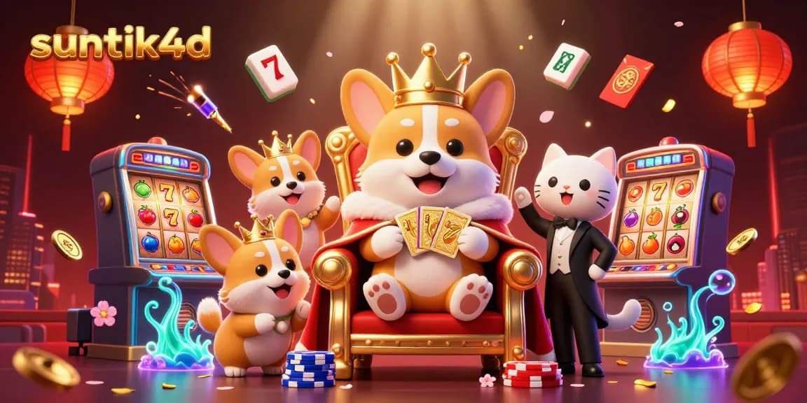 Mainkan suntik4d dengan corgi kerajaan dan kartu emas, dikelilingi simbol slot berwarna cerah.