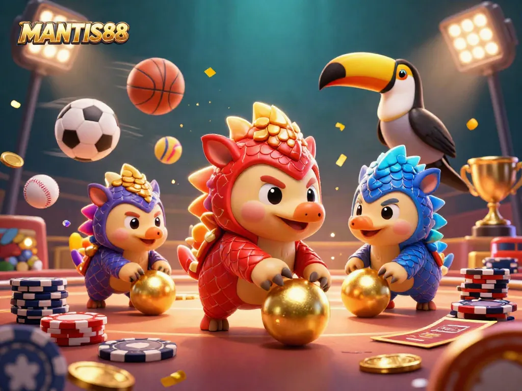 MANTIS88 showcases a thrilling scene with rival pangolins bowling through poker chips amidst sports elements and a vibrant casino atmosphere.
