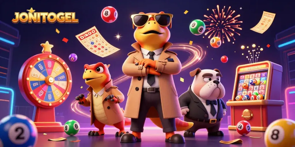 Experience the excitement of JONITOGEL with vibrant lottery and casino elements in a playful 3D scene.