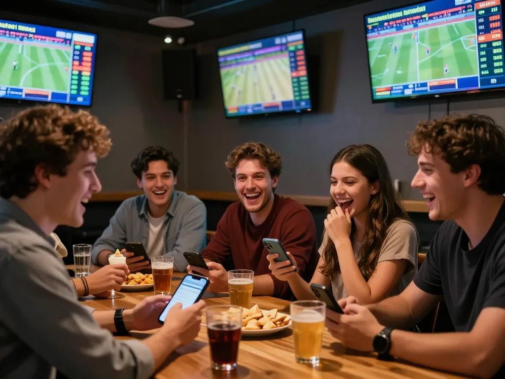 Friends enjoying live sports betting at a bar using 789bet for real-time odds.