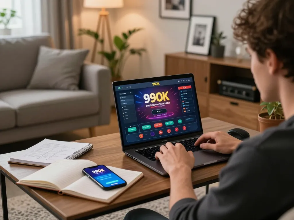 Player strategizing on 99OK gaming platform with laptop in cozy home setting.