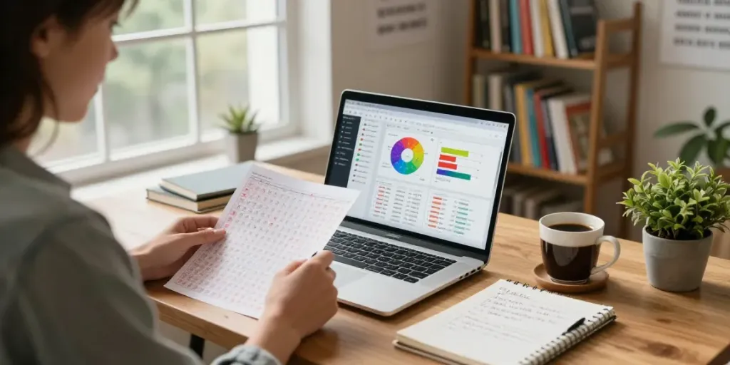 Analisis ratutogel di ruang kerja nyaman dengan laptop dan catatan.