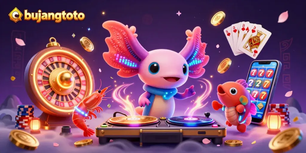 bujangtoto menawarkan kasino dengan DJ axolotl neon dalam lingkungan ceria, dipenuhi koin emas dan banyak elemen permainan.