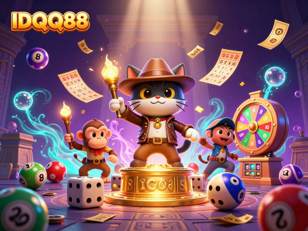 Uncover golden treasures at IDQQ88 with a playful cat explorer and a lively monkey in a vibrant casino atmosphere.