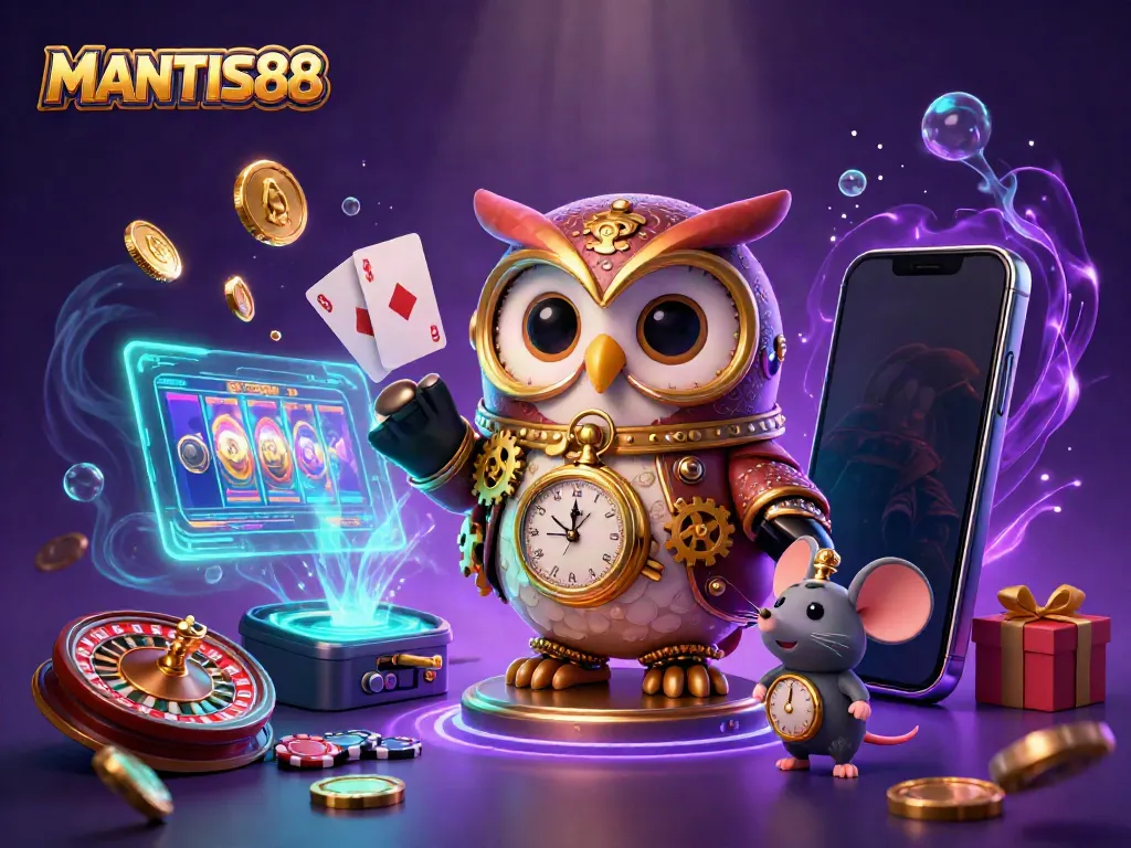 MANTIS88 showcases a colorful slot game with engaging casino elements in an imaginative scene.