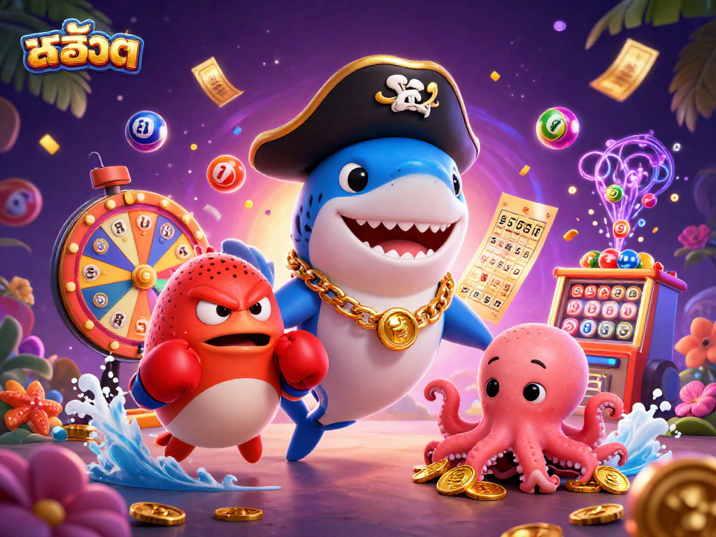 Experience สล็อต excitement with a pirate shark, pufferfish, and octopus in a vibrant casino scene.