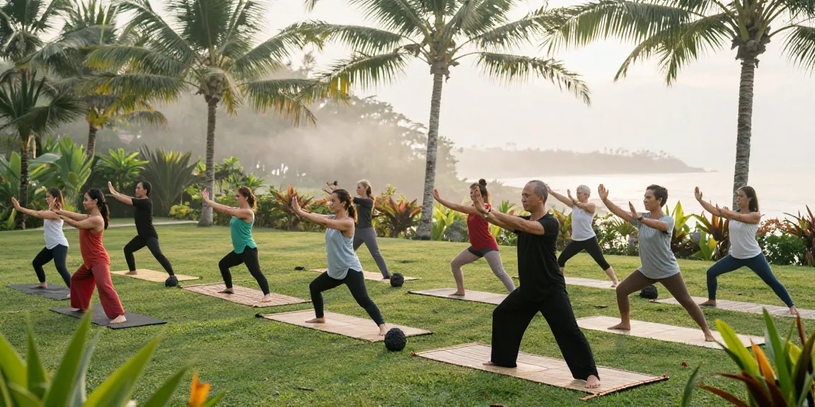 Tai Chi classes Bali with diverse students practicing outdoor in a serene tropical environment.