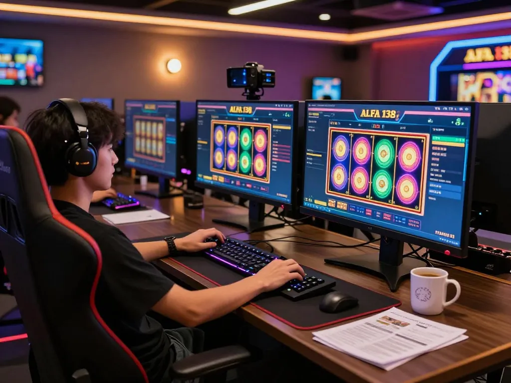 Gamer yang terlibat bermain di setup kasino online alfa 138 dengan layar berwarna-warni dan suasana yang nyaman