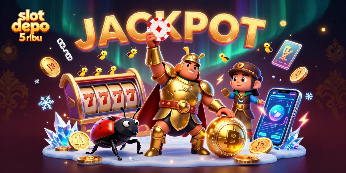 Spin and win with slot depo 5 ribu featuring a victorious beetle and glowing jackpots.