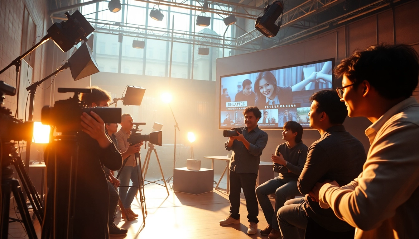 Menggambarkan para pembuat film yang berdiskusi tentang film semi jepang di lokasi syuting.