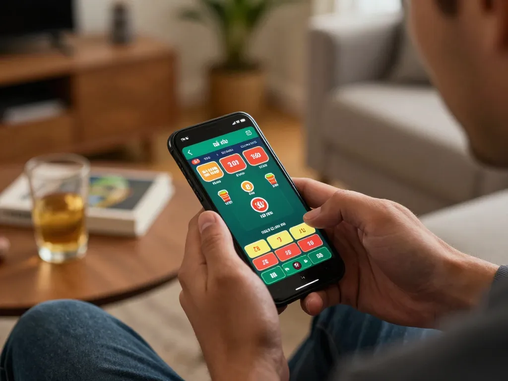 Engaging with app tài xỉu on smartphone in a cozy home setting during online gaming.