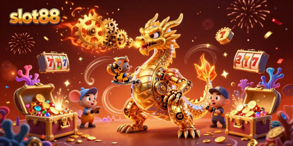 Permainan slot88 yang menarik dengan slot reels, naga emas, dan perayaan koin emas.