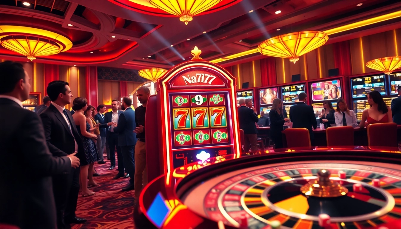 Experience excitement at the Na777 slot game with players engaging at a luxurious casino setting.