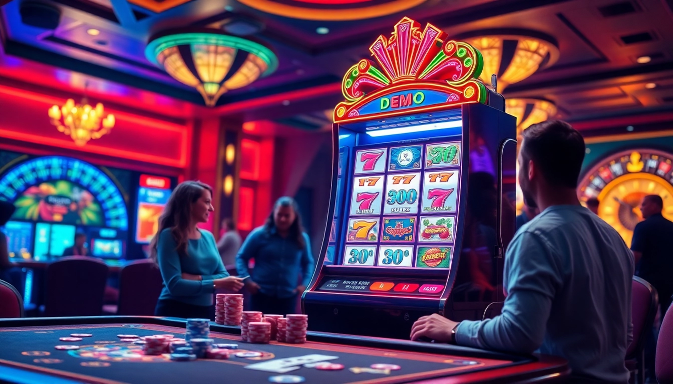 Experience thrilling gameplay on the demo slot machine surrounded by excited players and casino elements.