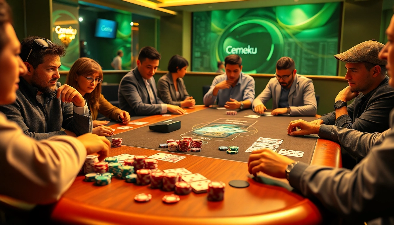 Cemeku poker game in an engaging online casino atmosphere with vibrant chips and cards.