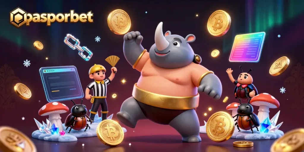 Pasporbet menyajikan ilustrasi 3D kejuaraan sumo unik dengan koin emas yang terbang.