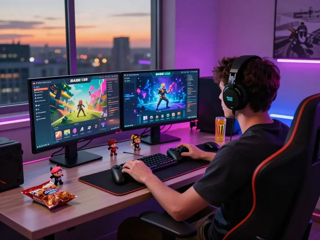 Pengguna BABE138 bermain game online yang seru di ruang bermain yang stylish dengan banyak aksesori dan pencahayaan LED.