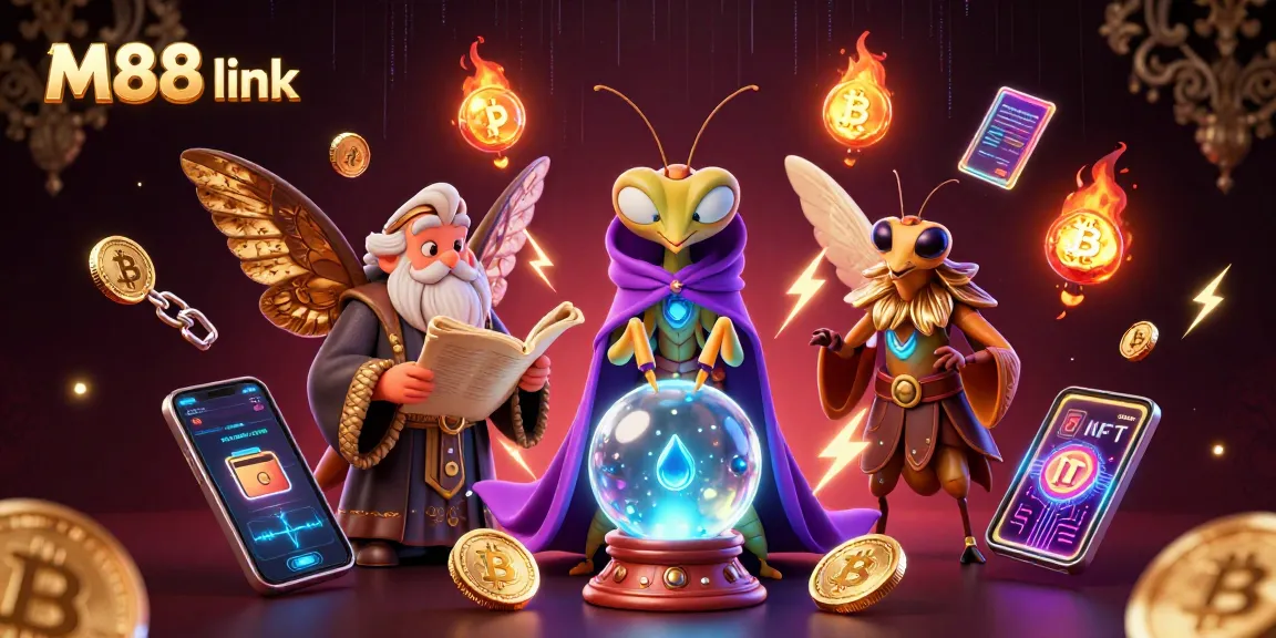 Engage with M88 link by exploring vibrant casino visuals featuring cryptocurrency and fortune-telling motifs.