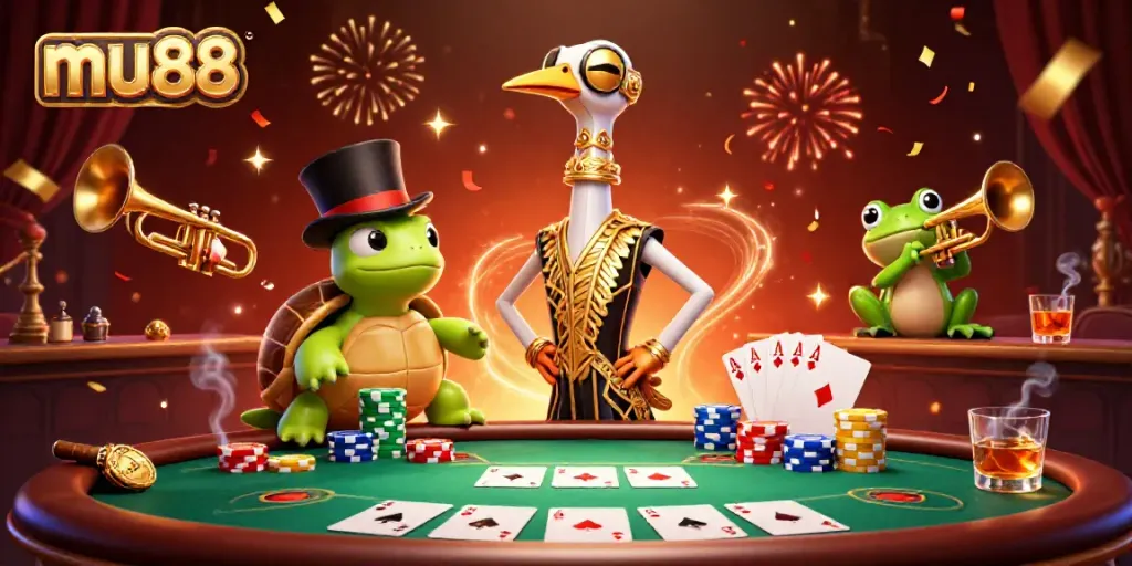 Experience thrilling gameplay at mu88 with a vibrant casino scene showcasing card games and festive characters.