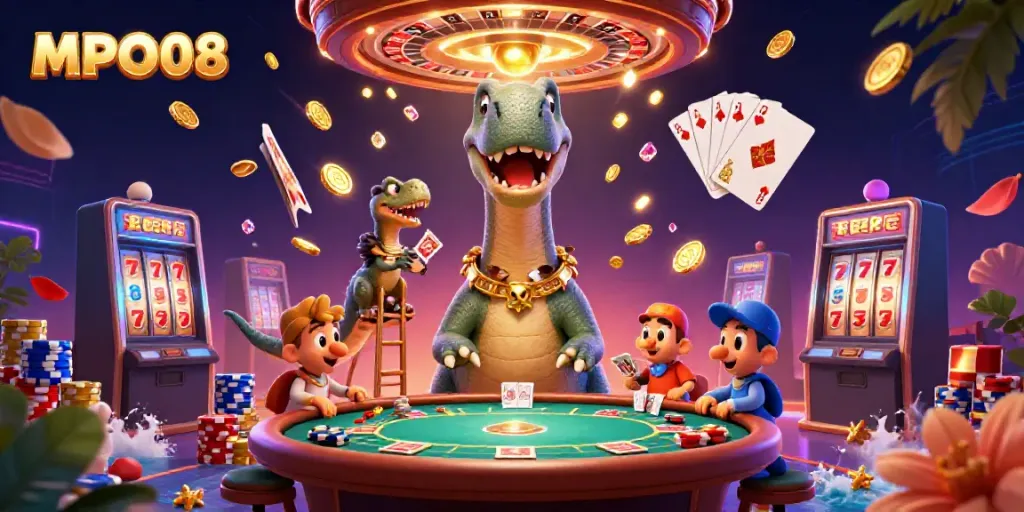 Engage with MPO08's dynamic gaming scene featuring a lively brontosaurus in a casino setting.