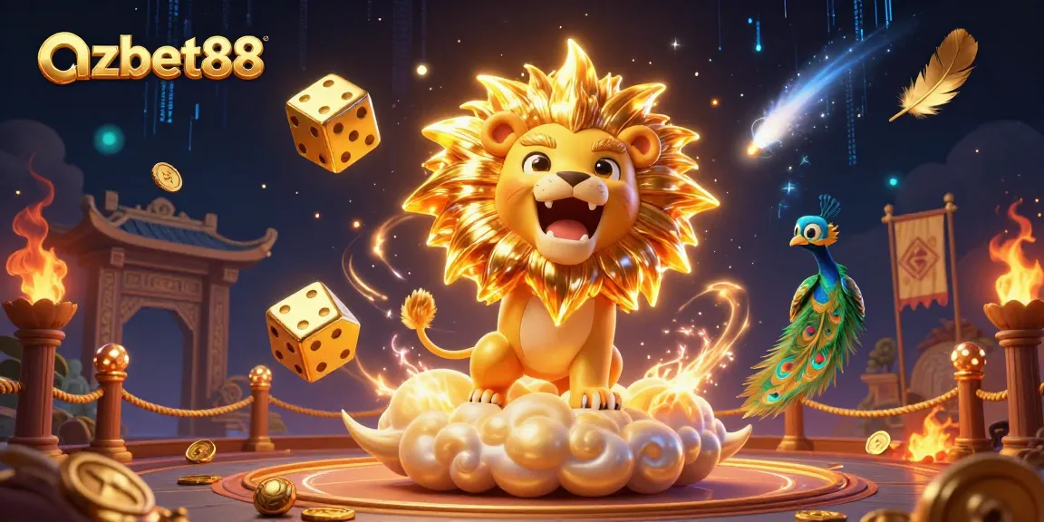 azbet88 presents a dazzling 3D casino scene with a sun lion among golden dice and vibrant elements of luck.