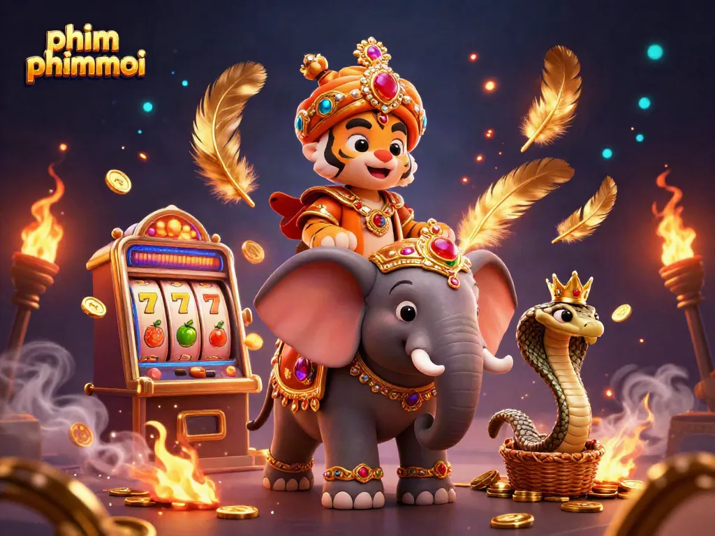 Engage with vibrant 'phim phimmoi' experience featuring a majestic maharaja tiger, elephant, and slot elements.