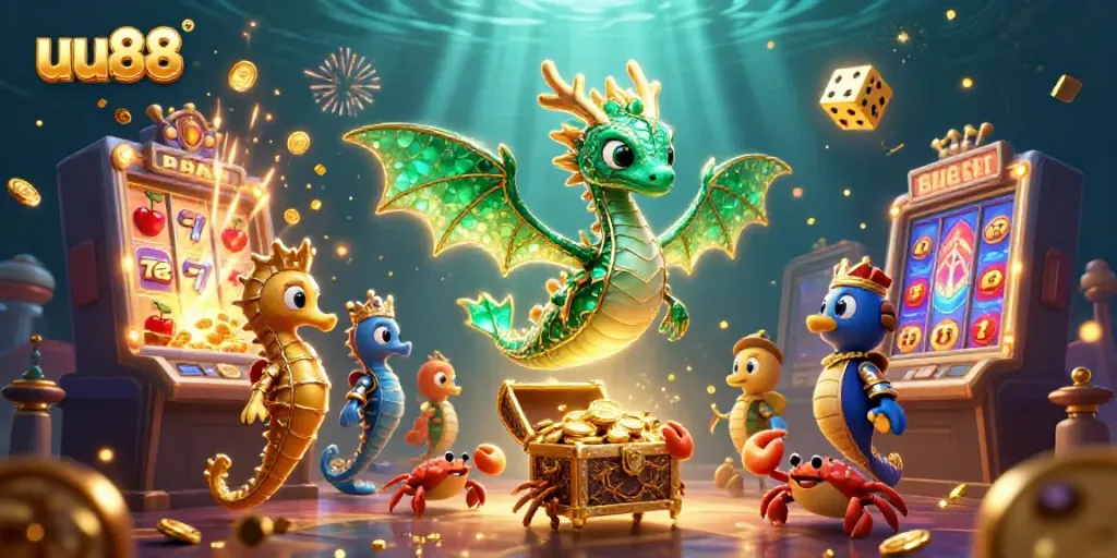 uu88 jackpot scene with a sparkling sea dragon surrounded by slot machines and treasure