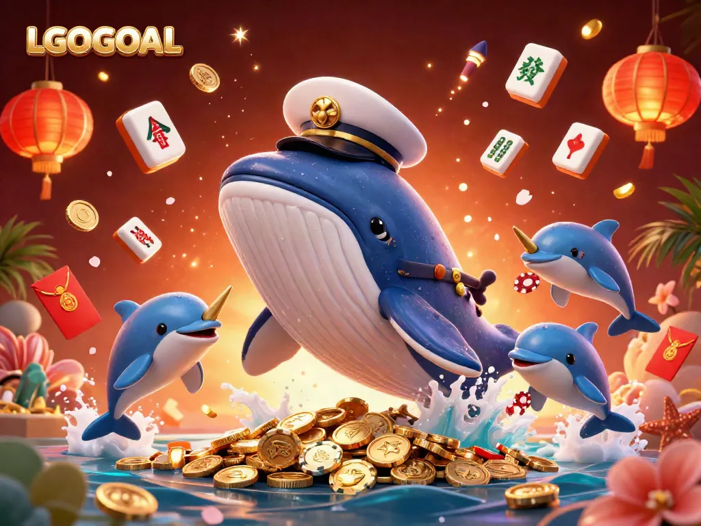 Join the fun at LGOGOAL with a 3D cartoon scene of a whale and dolphins celebrating a sea of coins and gambling excitement.