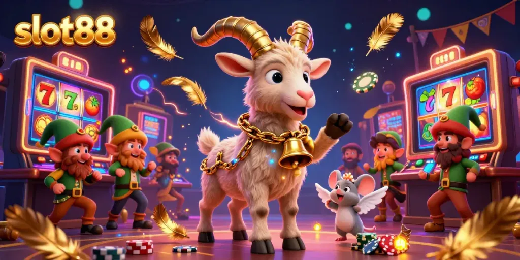 Experience thrilling gameplay at slot88 with Krampus and mischievous elves in a vibrant casino scene.