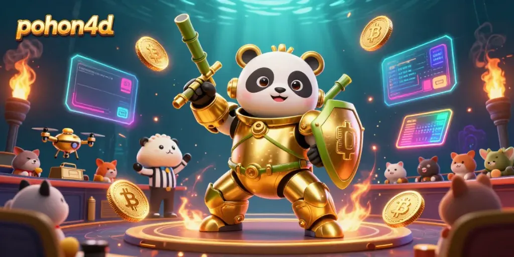 Pohon4D dynamic casino scene with a panda pilot, crypto coins, and cheering animals.