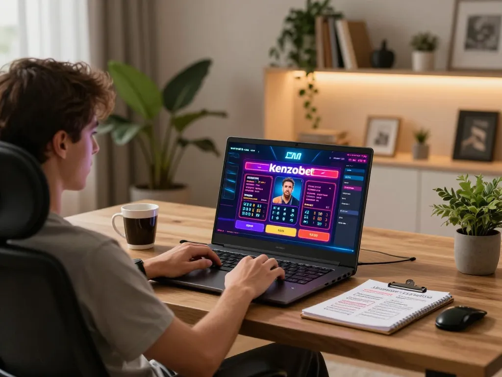 Enjoying kenzobet gameplay on a stylish laptop in a modern home office setting.