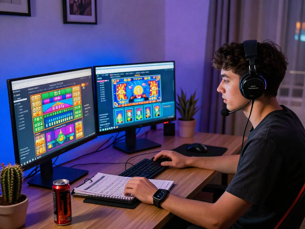 Penggemar togel online sedang bermain di kantor rumah modern dengan monitor berwarna-warni.