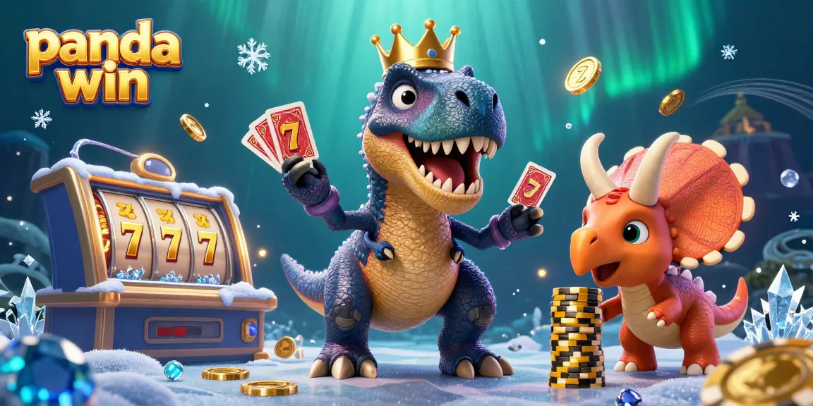 Panda win showcases a fun 3D scene with a T-Rex shuffling cards and stacking chips, creating a vibrant gaming atmosphere.