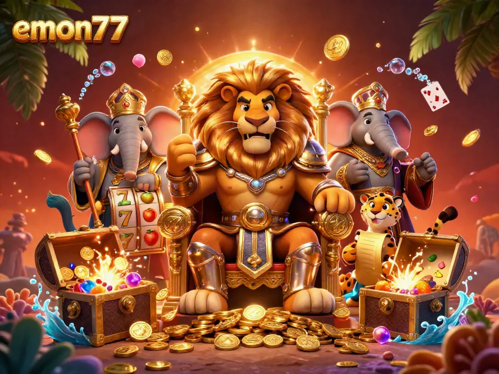 Experience emon77 with a cartoon lion king and vibrant slot elements in a dynamic casino scene.