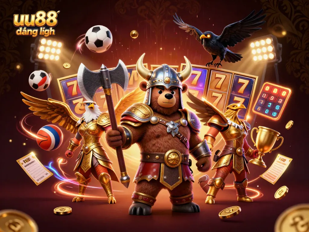 uu88 đăng nhập showcases an exciting betting scene with a Viking bear and Valkyrie eagle.