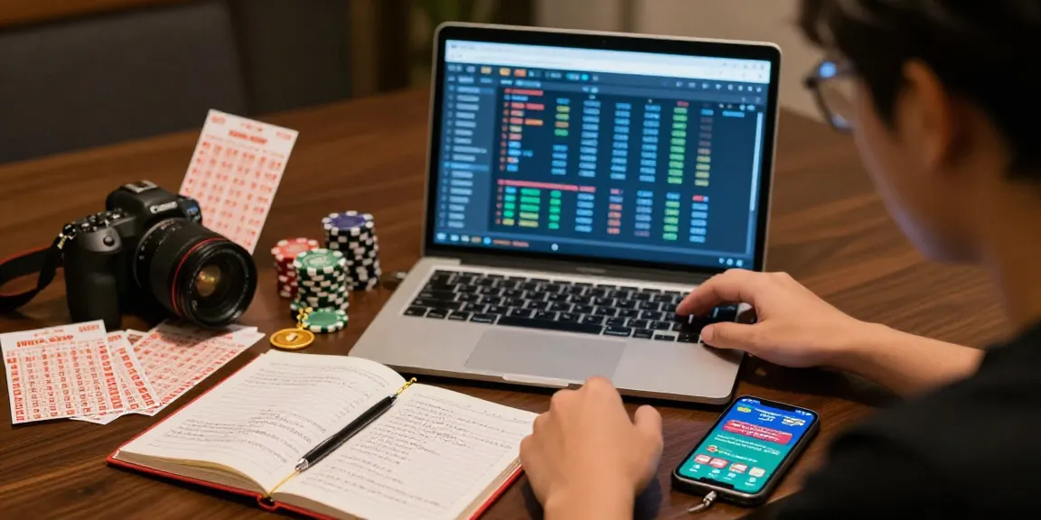 Pengguna rajatogel menganalisis data permainan togel online dengan laptop, tiket lotere, dan smartphone di meja.