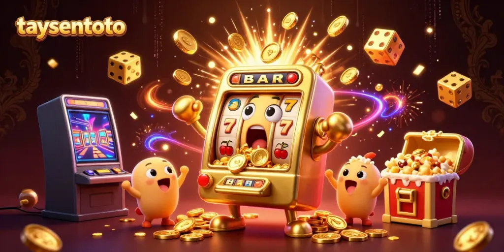 Taysentoto slot machine celebrating a jackpot with coins pouring out, surrounded by baby machines.