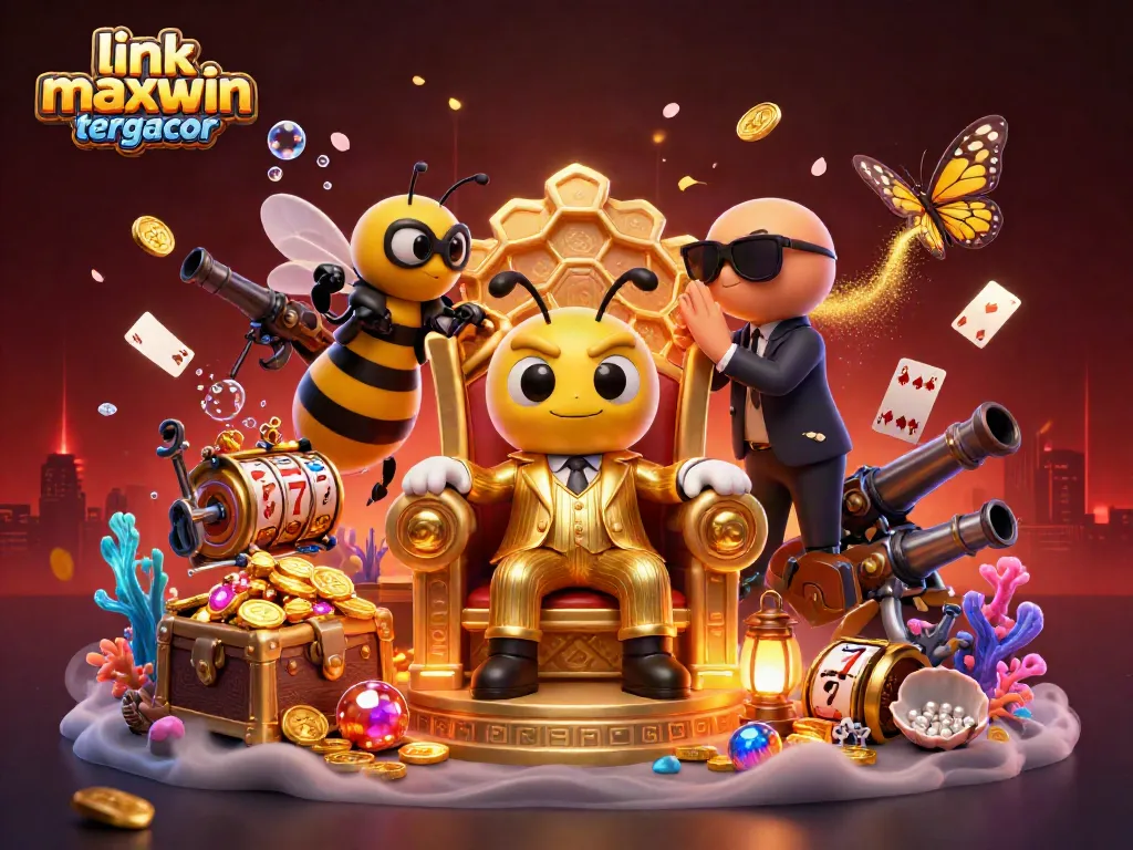 Engage with link maxwin tergacor in this vibrant 3D scene featuring a cartoon bee mob boss amidst colorful slot elements and golden rewards.