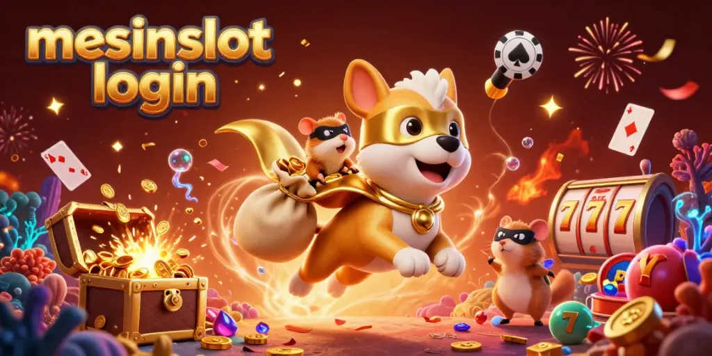 Experience the excitement of mesinslot login with a superhero dog flying through gold coins and vibrant casino symbols.
