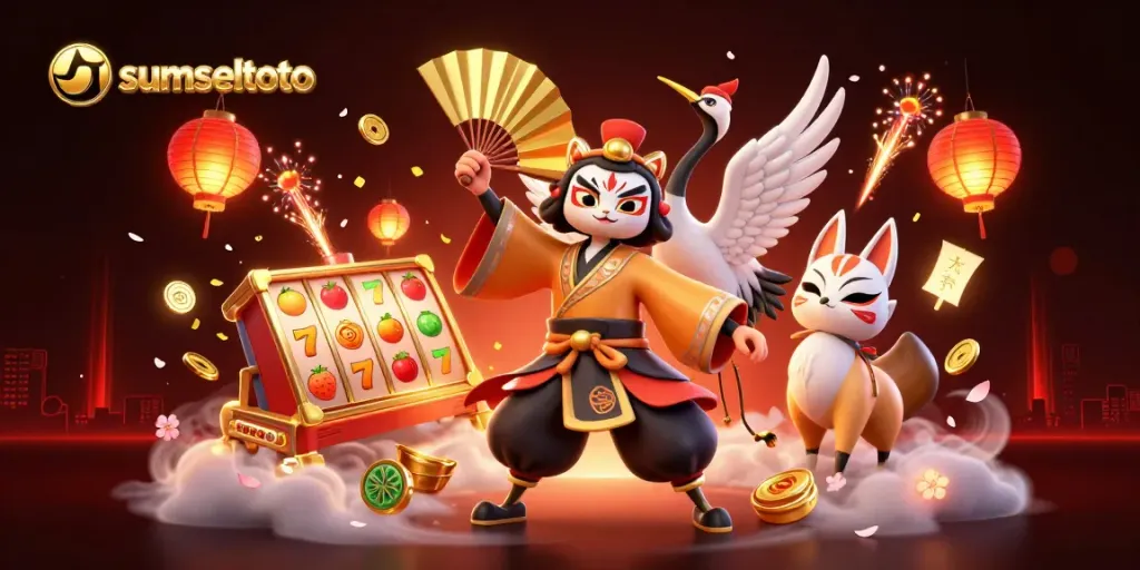 Experience the excitement of sumseltoto with vibrant slot reels and a kabuki warrior in a 3D casino scene.